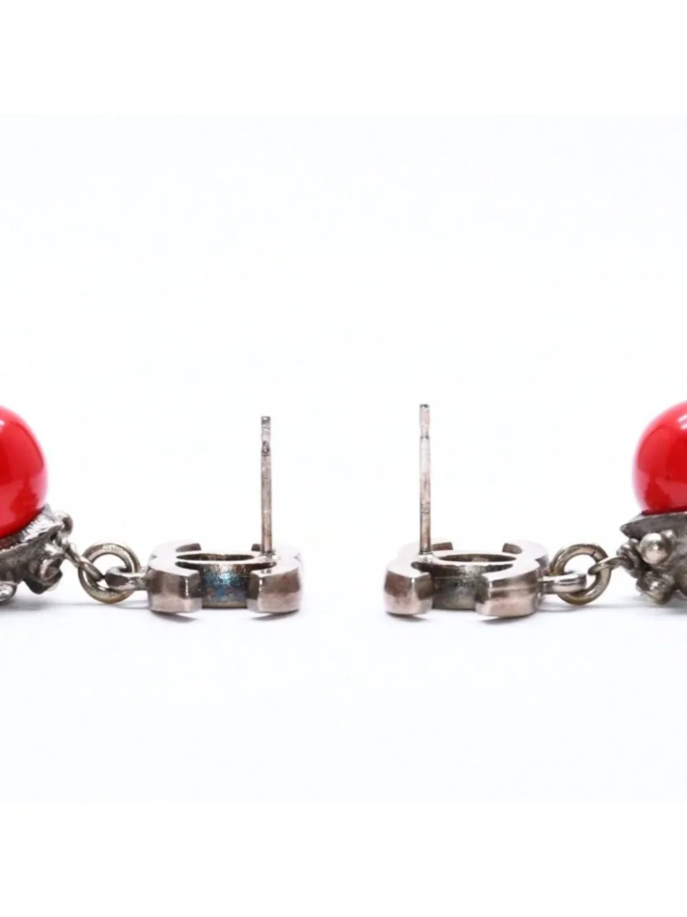 Chanel Earrings CC Logo Red Stone Rhinestone 05 Seashell